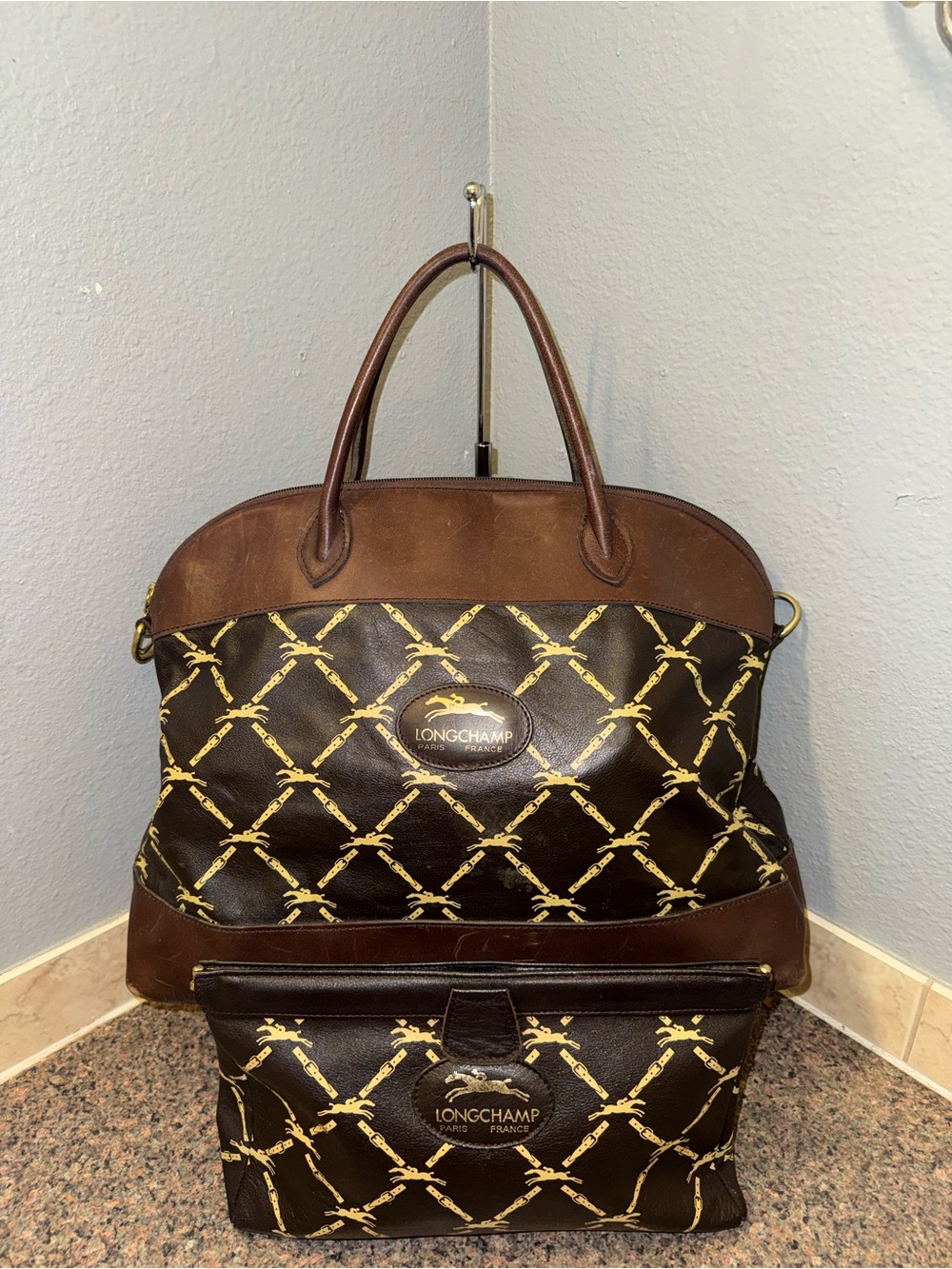 Longchamp rare vintage 1980s Equestrian Horse & Jockey Bag & Pouch Set authentic